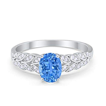 Solitaire Floral Accent Oval Simulated Blue Topaz CZ Wedding Ring 925 Sterling Silver